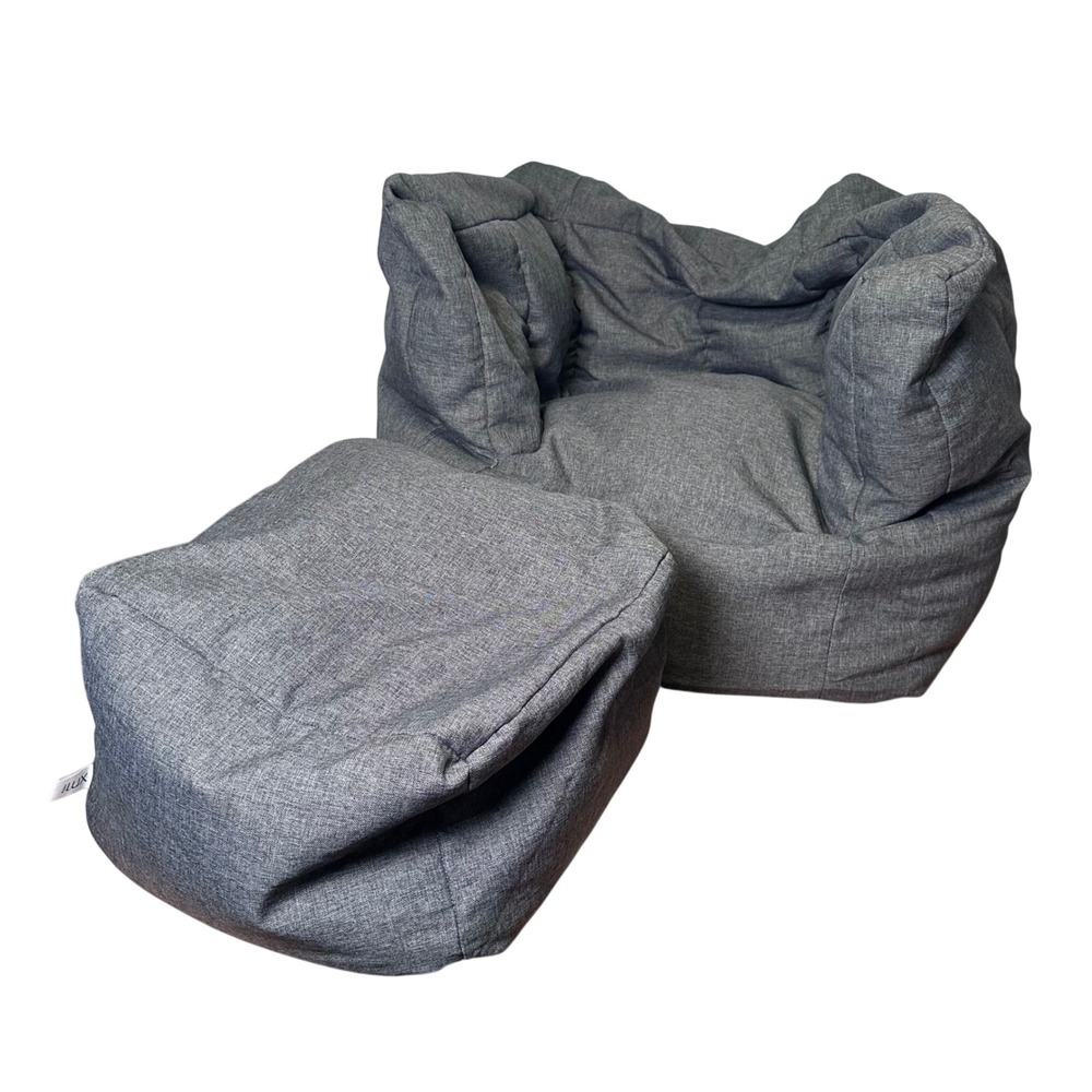 Big Joe Lux Bean Bag Chair with Ottoman Set Gray Textured Fabric Lounger
